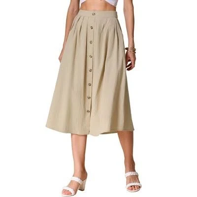 INSPIRE CHIC Women's Cotton Elastic Waist Button Front with Pocket A-Line Casual Midi Skirt