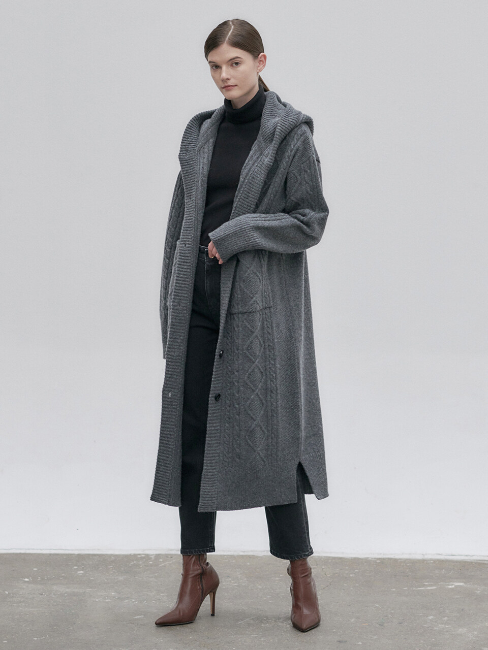 Cable Knit Hoodie Coat_Charcoal