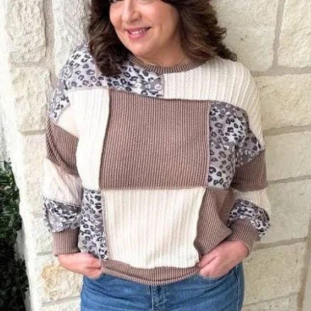 Rib Cable Knit Leopard Pullover Knit Top