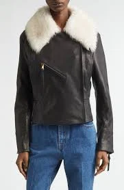 Genuine Shearling Collar Leather Biker Jacket