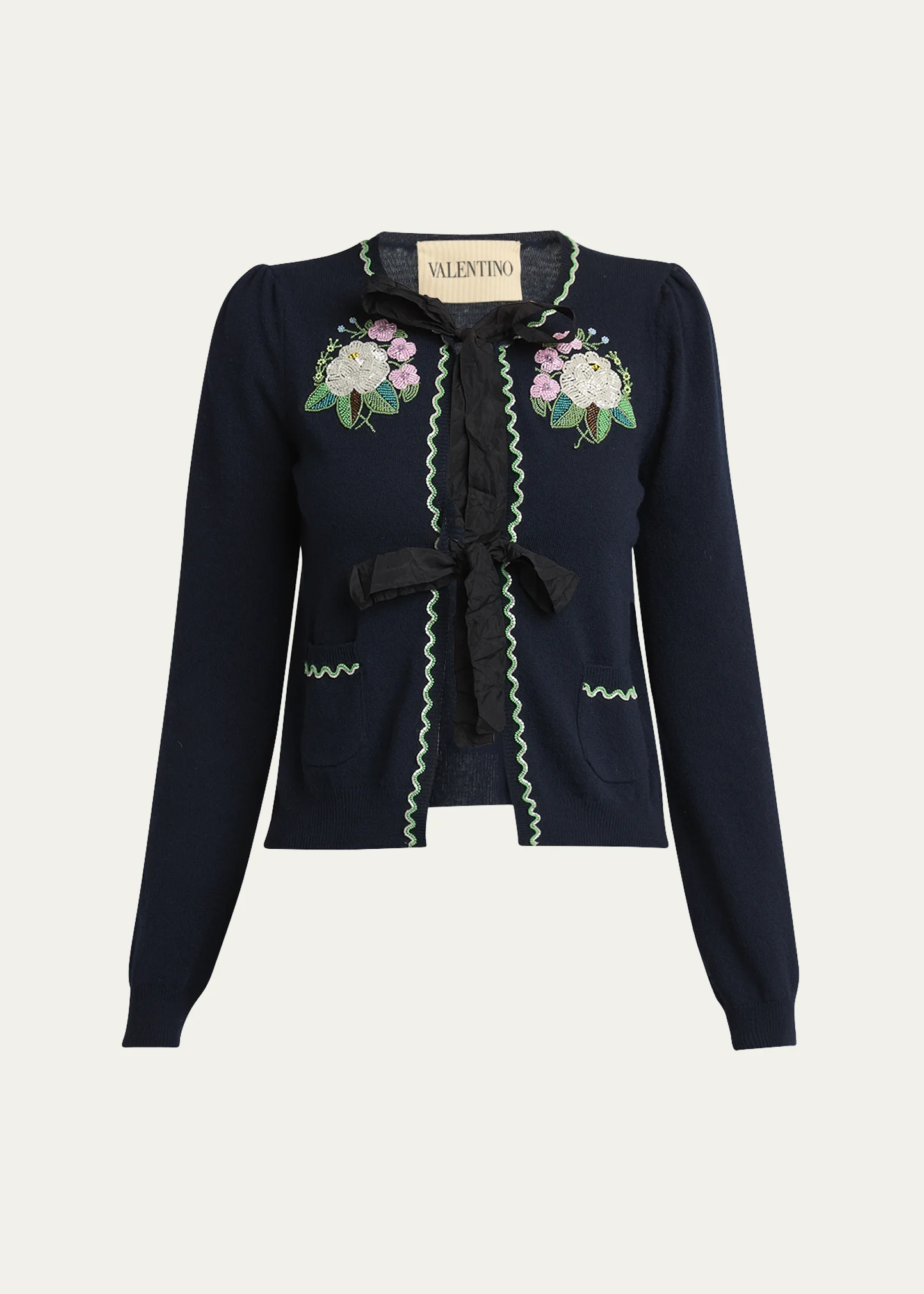Floral Embroidered Bow-Tie Cardigan