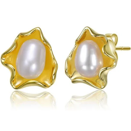 14k Gold Over Silver Freshwater Cultured Pearl Wave Stud Earrings