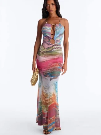 Fashion Nova Backless Cut Out Halter Mesh Maxi Dress