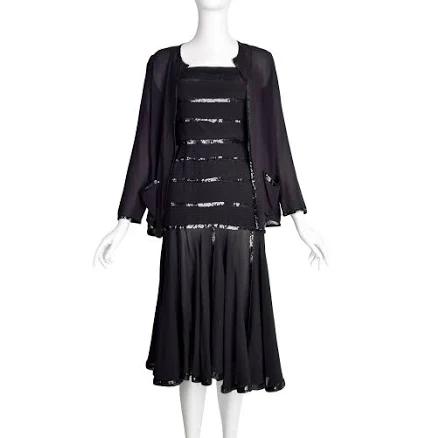 CHANEL Vintage AW 1983 Pleated Silk Sequin Dress and Jacket Ensemble Set