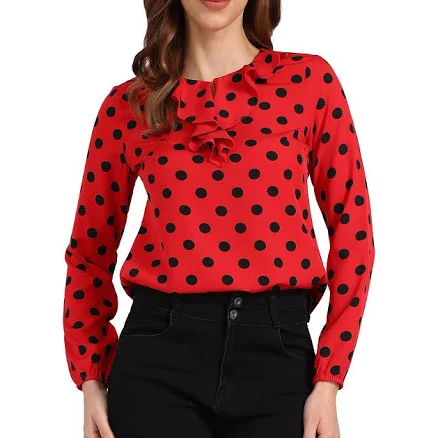 Women's Ruffle Neck Long Sleeve Polka Dots Blouse Shirts, Size: Small, Red Black Polka Dots