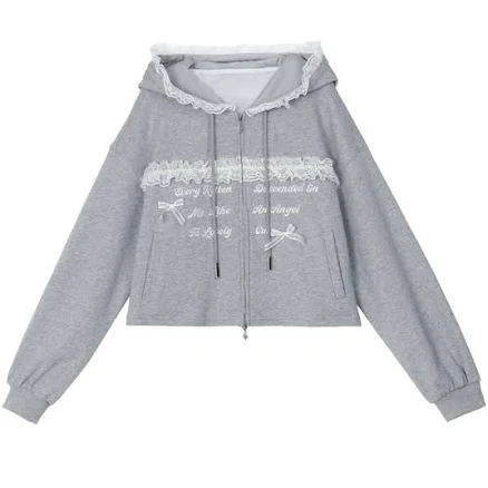 Letters Embroidery Lace Trim Zip Hoodie