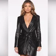 Black Faux Leather Belted Blazer Dress