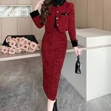 Yilda - Set: Tweed Button-Up Jacket + High Waist Midi Pencil Skirt