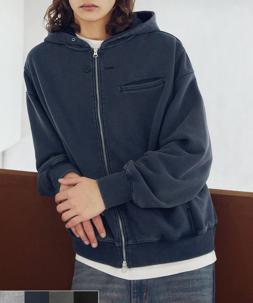 Buttonhole Washed Hoodie Zip-Up: 4 Colors