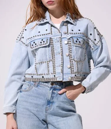 Azalea Wang Women's Jazella Studded Cropped Denim Jacket