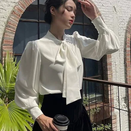 Women's Silk Bishop Sleeve Turtleneck Blouse with Tie Neck