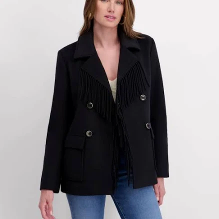 Kensie Women's Double Breasted Faux Wool Jacket with Fringe