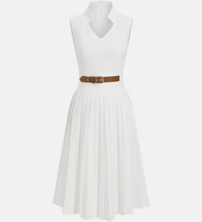 Belted Sleeveless Pleated Collared Dress