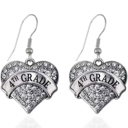 4th Grade Pave Heart Charm Dangle Earrings
