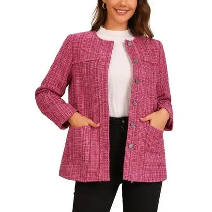 Inspire Chic Women's Single Breasted Fringed Tweed Jacket