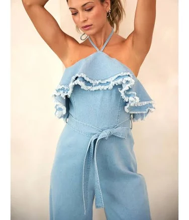 Denim Double Frayed Ruffle Halter Jumpsuit