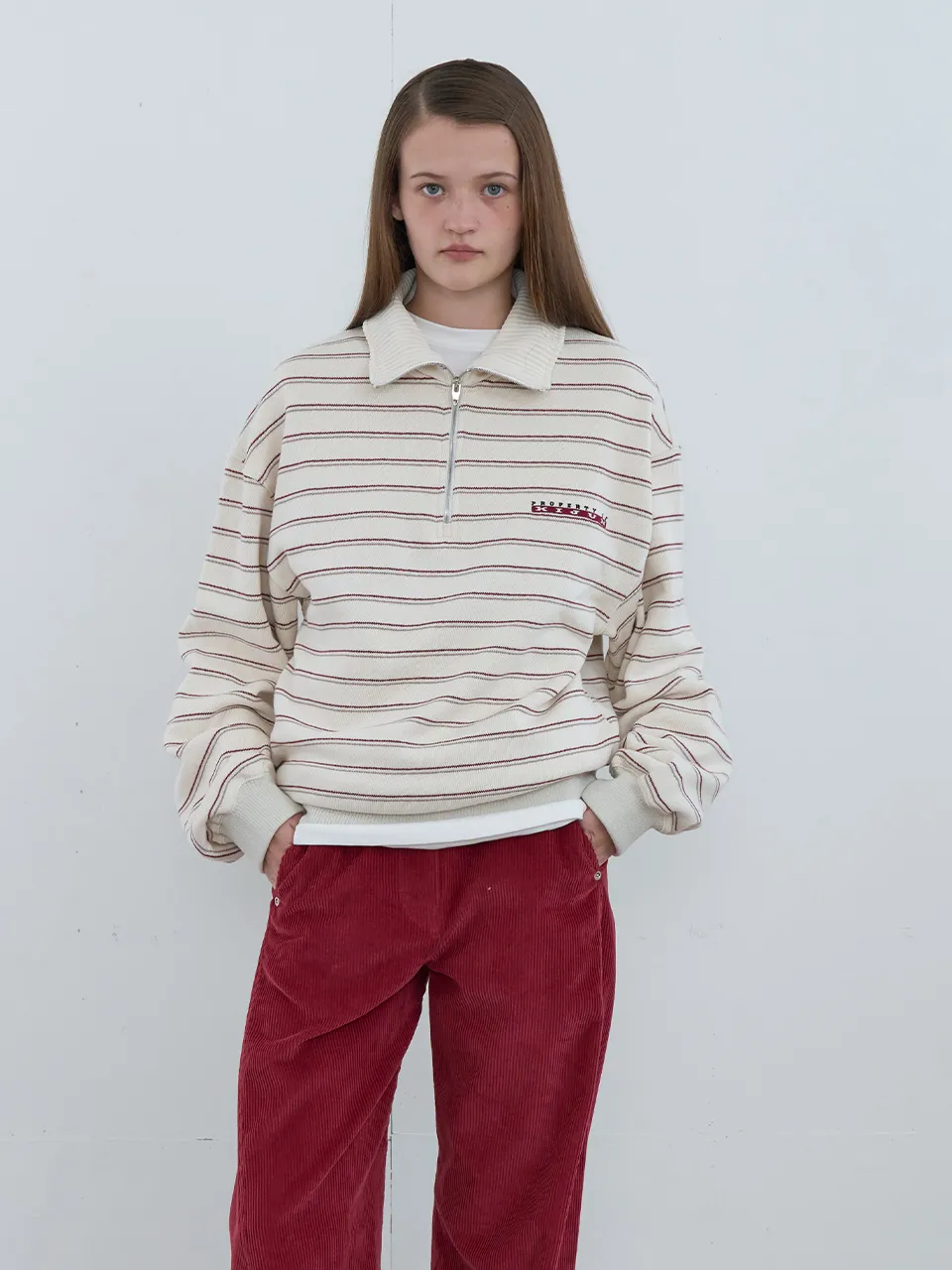 Logo Half Zip-Up Pullover UNISEX Ivory Stripe