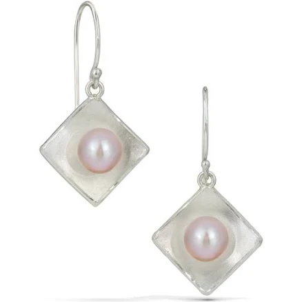 Silver Concave Square Pearl Drop Earrings