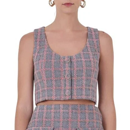 Endless Rose Women's Sleeveless Tweed Button Crop Top