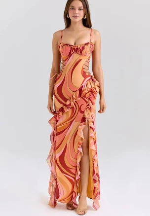 Lumira Sunset Swirl Print Ruffle Cut Out Maxi Dress