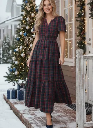 Blissful Cheer Tartan Notch Neckline Maxi Dress