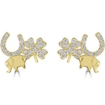 14K Yellow Gold 0.23 Cts White Diamond ELEPHANT CLOVER Earring