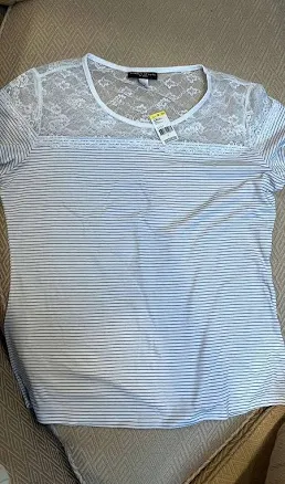 Simply Styled Women Lace Yoke Tee Short Sleeves White/black Stripe