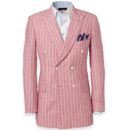Pinstripe Linen Double Breasted Peak Lapel Suit Jacket In Pink