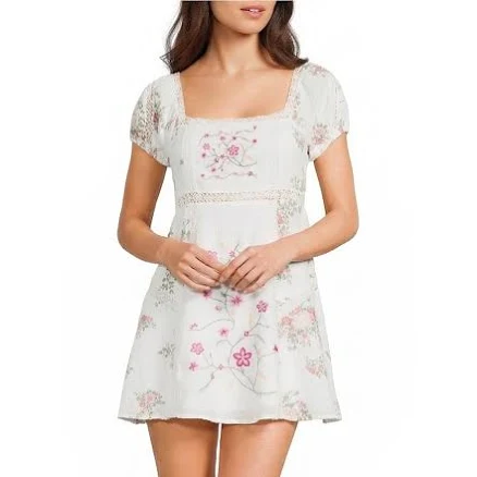 Dear Moon Floral Eyelet Embroidered Square Neck Puff Sleeve Dress