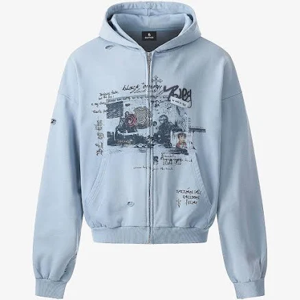 Distressed Graphic Print Zip Up Hoodie