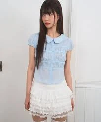 Round Collar Puff Shirring Blouse Blue