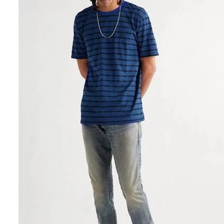 SAINT LAURENT - Logo-Embroidered Striped Cotton-Jersey T-Shirt - Blue so S