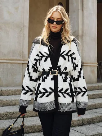 Geometric Collared Knit Cardigan with Belt