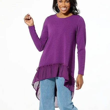 DG2 by Diane Gilman Mixed Media Hi-Low Pleated Hem Top