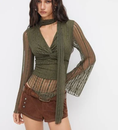 V-Neck Flare Sleeve Twist Knit Top with Scarf
