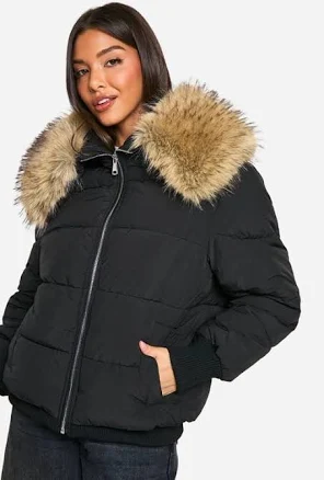 Boohoo Women's Faux Fur Collar Puffer Jacket
