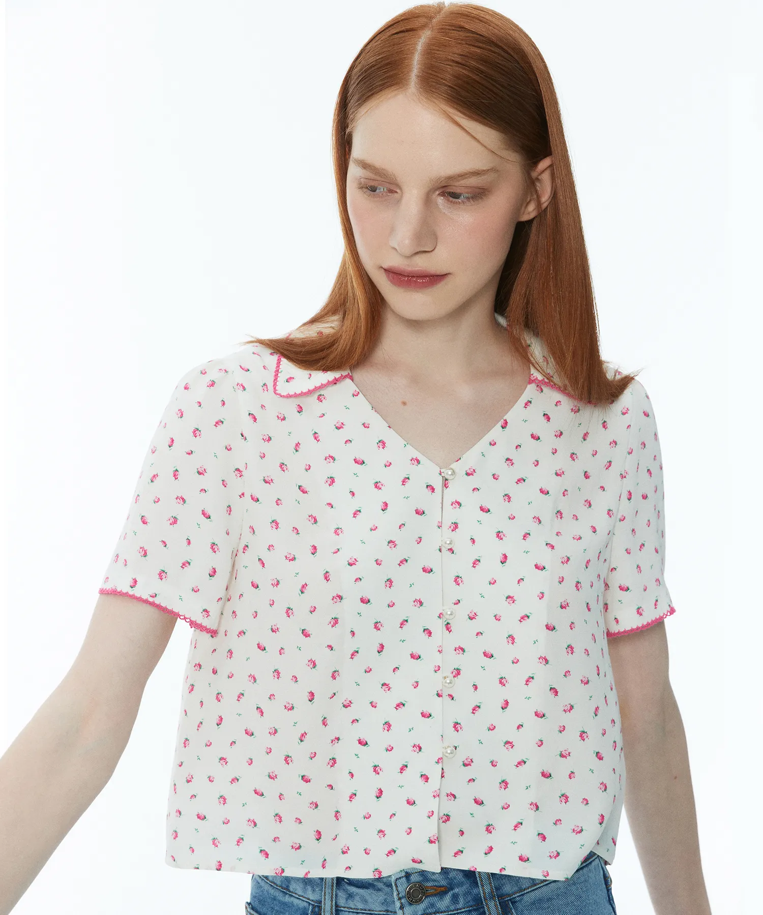 Flower v-neck blouse 002 White