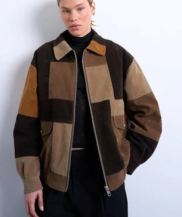 Topshop Patchwork Faux Suede Bomber Jacket