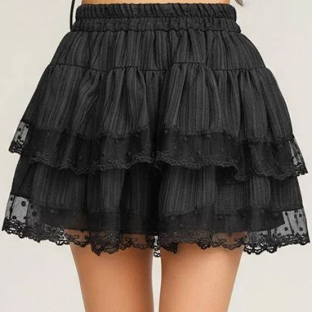Anna-Kaci Women's Tiered Ruffle Mini Skirt with Sheer Lace Trim