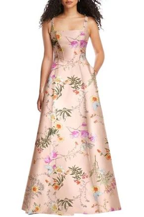 Alfred Sung Women's Floral Corset Satin Gown