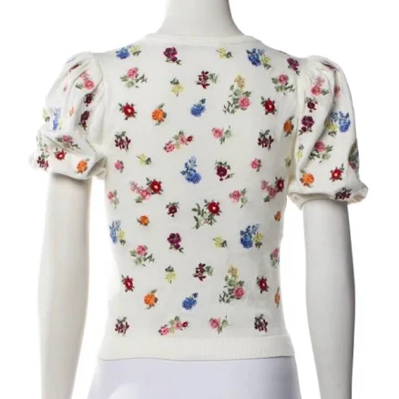 Alice + Olivia Risa Embroidered Puff Sleeve Pullover