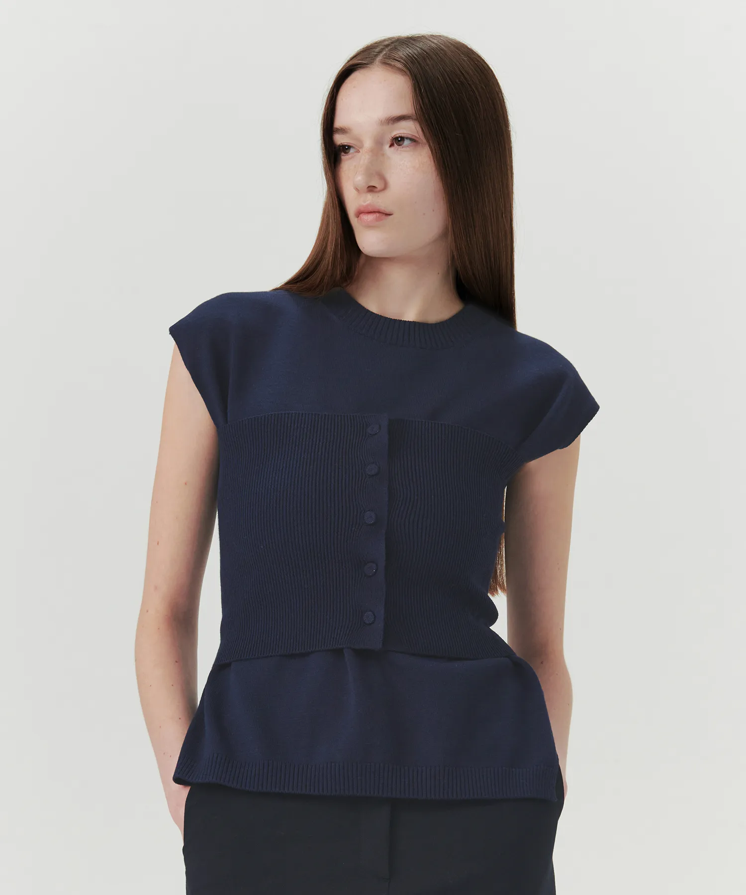Layered Top Knit Set - Navy