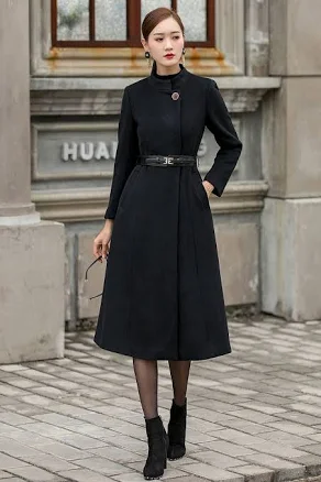 Wool Blend A-Line Stand Collar Long Coat