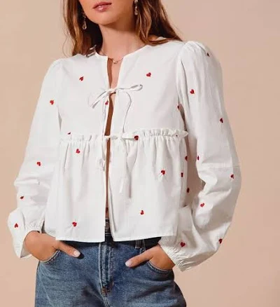Sybaritic Boutique Front Tie Heart Embroidered Puff Sleeve Blouse