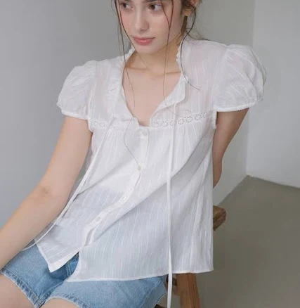 VEM.VER Mini Ruffle Lace Trim Half Sleeve Blouse_White