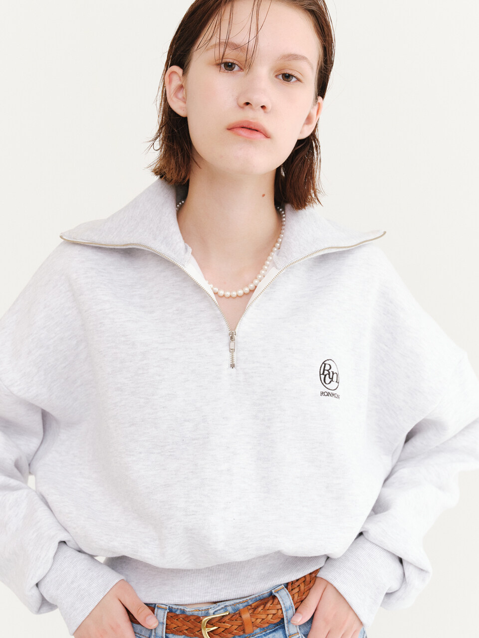 Half Zip-Up Sweatshirt White Melange