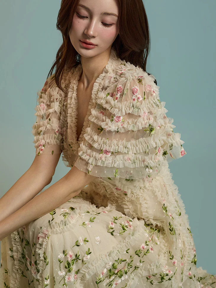 Flower Frill Tulle Maxi Dress