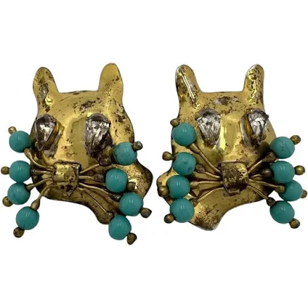 FRED A. BLOCK Sterling Crystal and Turquoise Bead Cat Clip Earrings