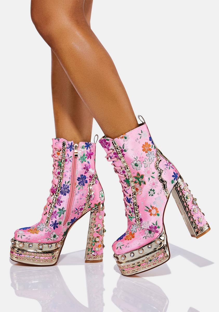 Azalea Wang Satin Crystal Chunky Embroidered Boots Pink