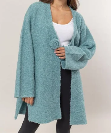 Front Rosette Longline Slit Sweater Cardigan